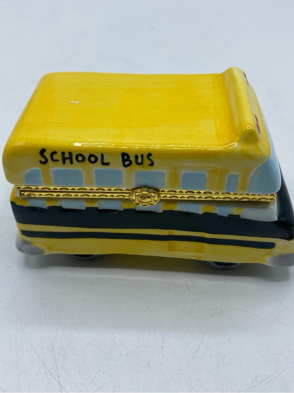 School Bus Trinket Box Porcelain  Figurine Yellow Giftcraft 14072